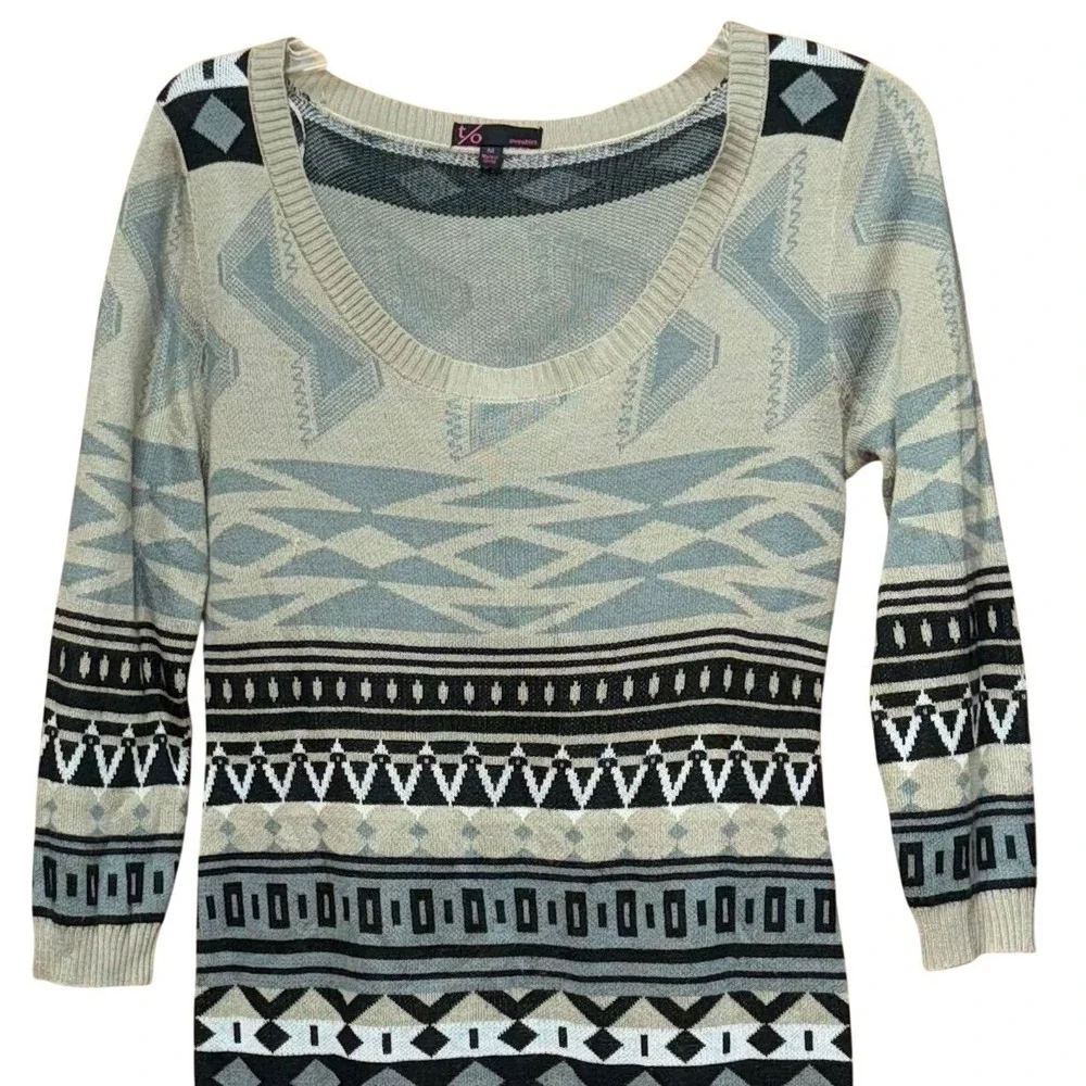 T/O Women's  M Aztec Tribal Long Sleeve Knit Pullover Sweater Dress Boho Bodycon